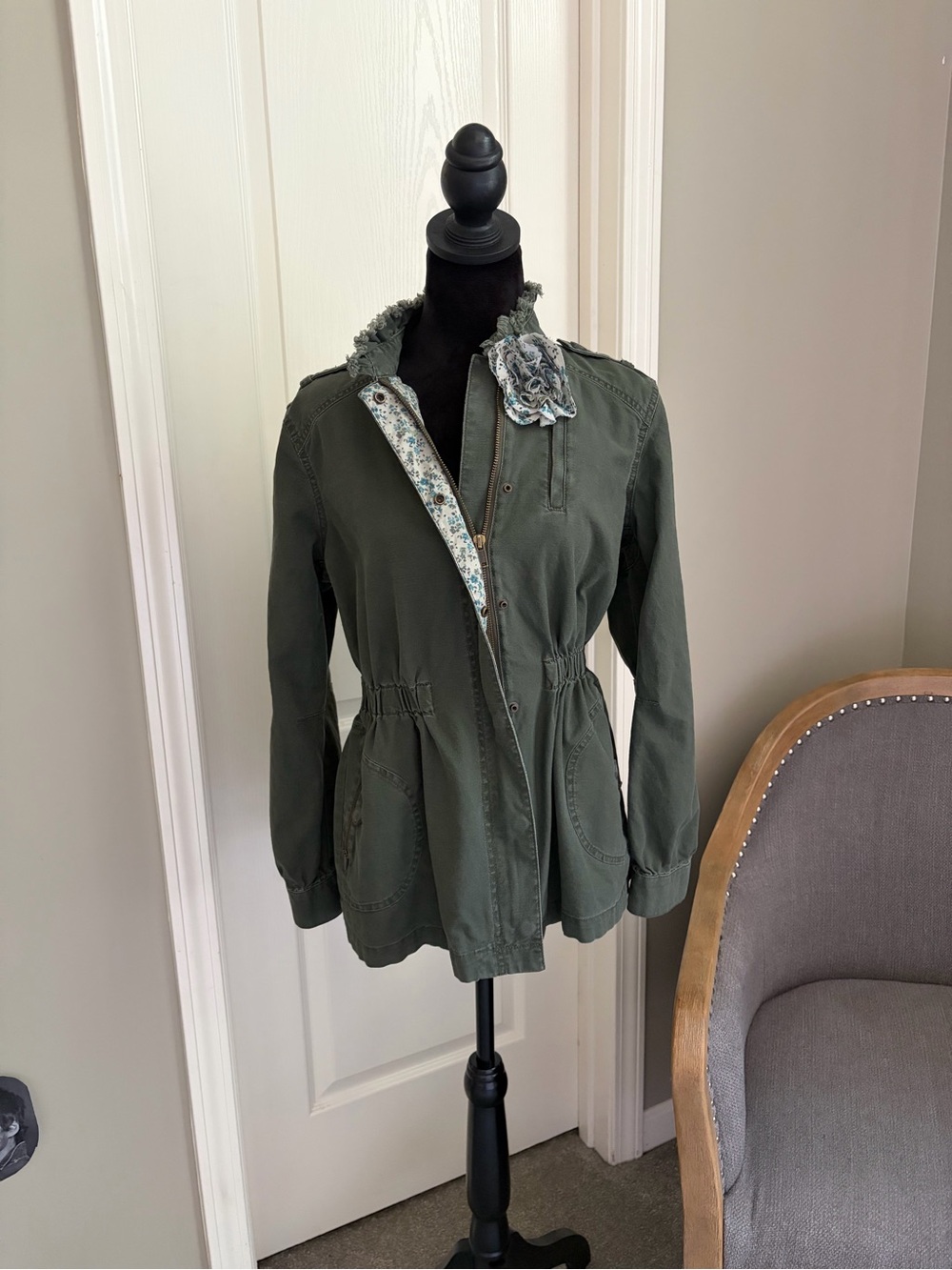 Elle Olive Green Utility Jacket with Floral Trim